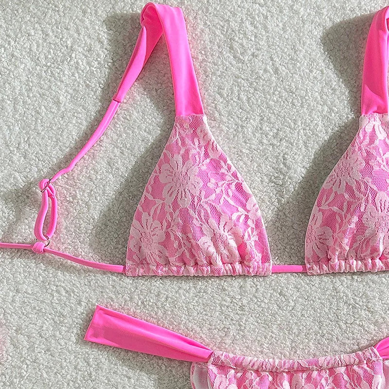 Pink Lace Bikini Halter Push Up Bra Pleate Thong Swimsuit Brazilian Bathing Suit Micro Swimwear Biquini