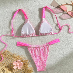 Pink Lace Bikini Halter Push Up Bra Pleate Thong Swimsuit Brazilian Bathing Suit Micro Swimwear Biquini