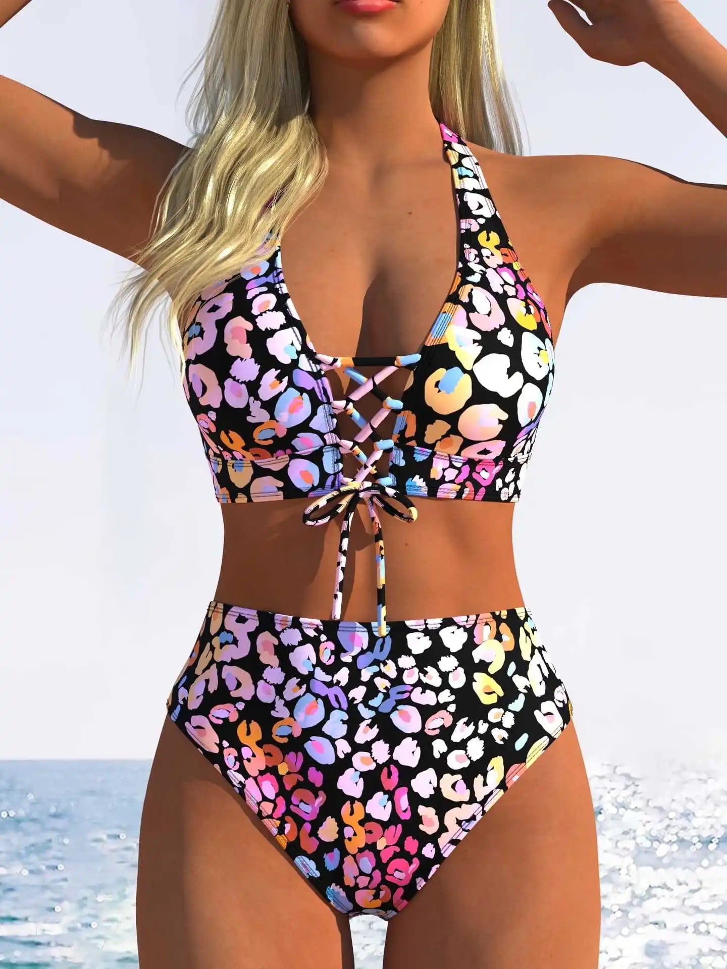 Pink Leopard Print Gradient Bikini Set