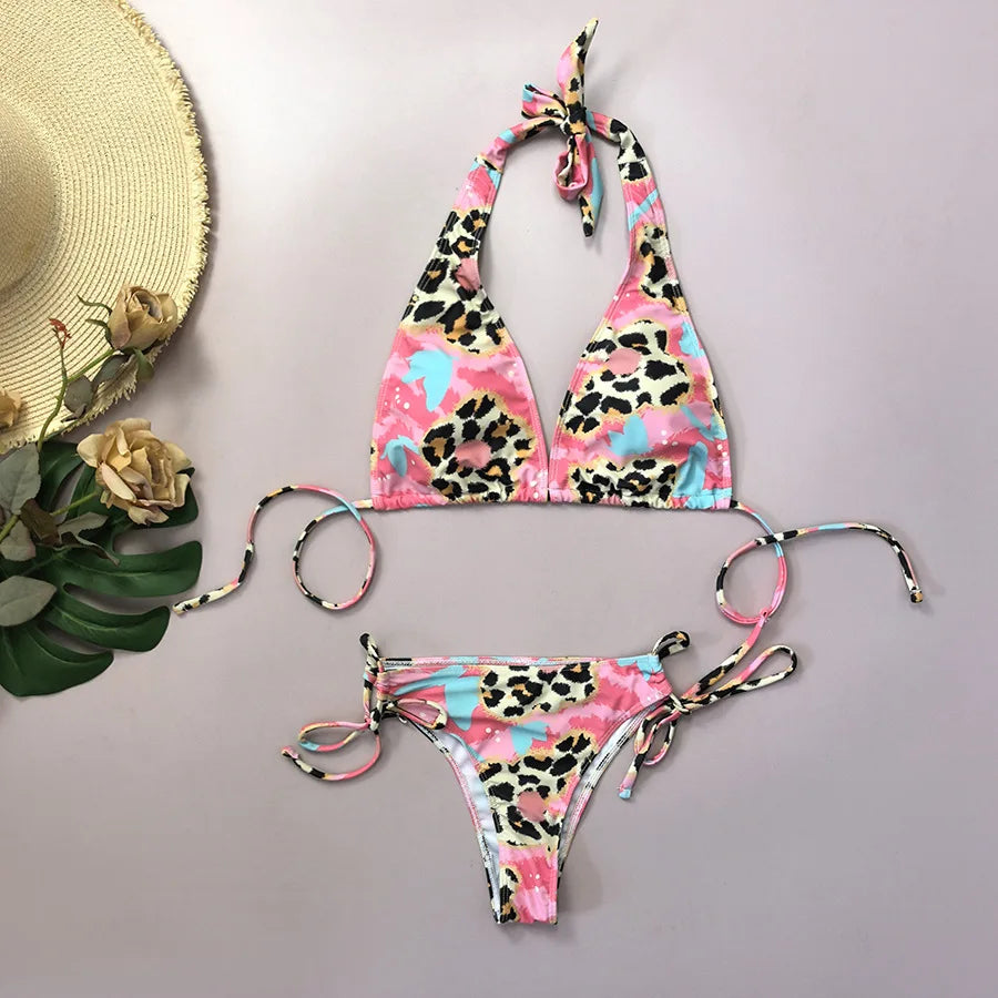 Pink Leopard Print Micro Bikini Halter Push Up Drawstring Side High Waist Swimsuit Beach Bathing Suit Swimwear