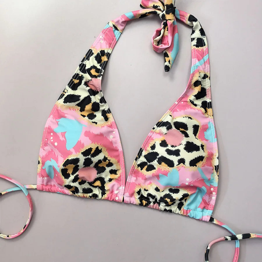 Pink Leopard Print Micro Bikini Halter Push Up Drawstring Side High Waist Swimsuit Beach Bathing Suit Swimwear