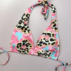 Pink Leopard Print Micro Bikini Halter Push Up Drawstring Side High Waist Swimsuit Beach Bathing Suit Swimwear