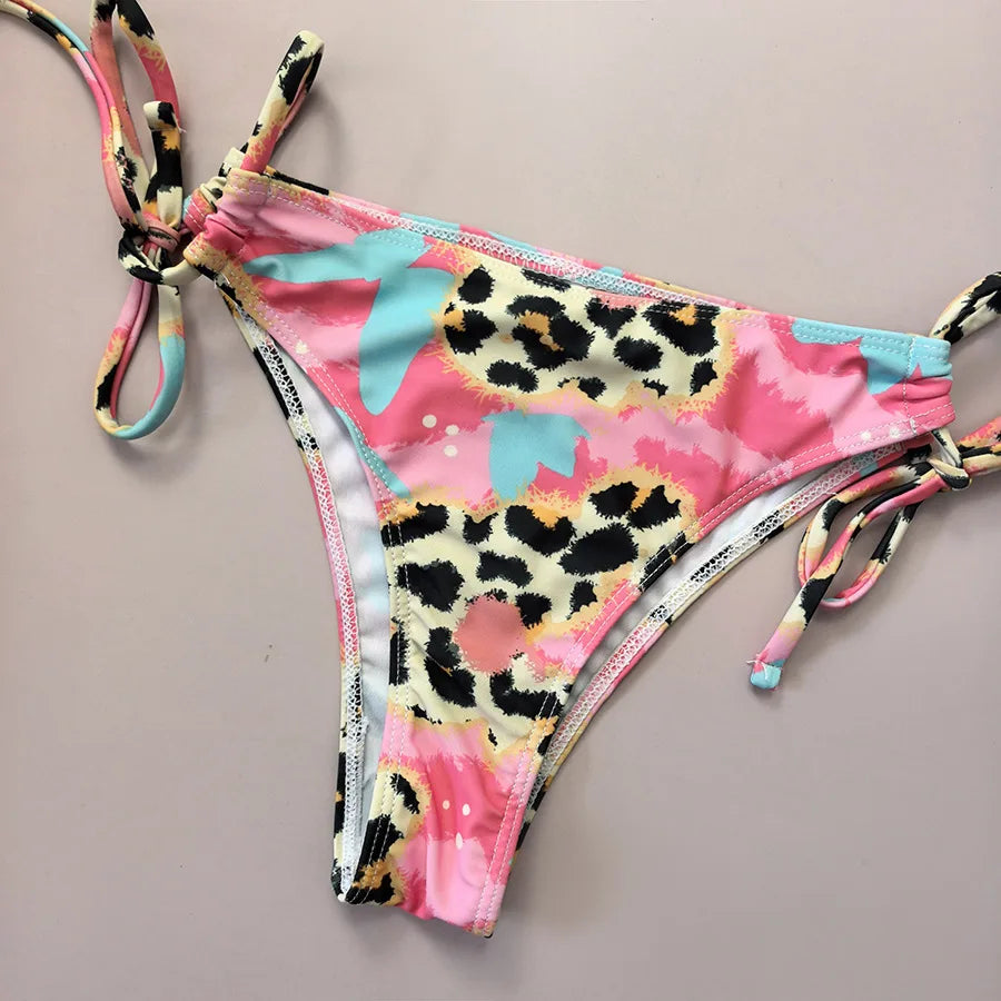 Pink Leopard Print Micro Bikini Halter Push Up Drawstring Side High Waist Swimsuit Beach Bathing Suit Swimwear