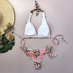 Pink Leopard Print Micro Bikini Halter Push Up Drawstring Side High Waist Swimsuit Beach Bathing Suit Swimwear
