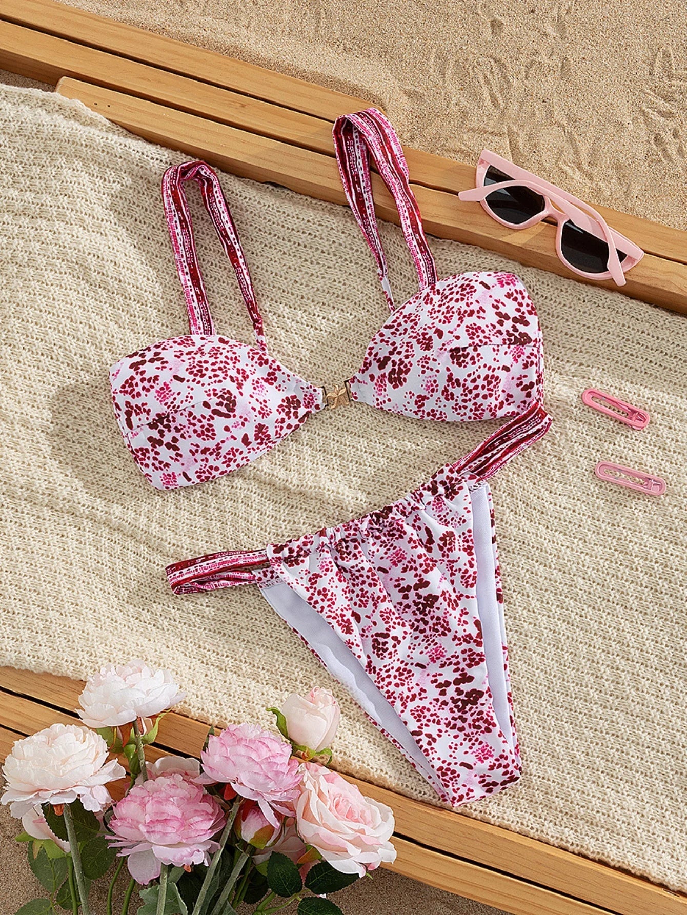 Pink Leopard Print Micro Bikini Metal Starfish Push Up Bra Hollow Out Triangle Swimsuit Bathing Suit Swimwear