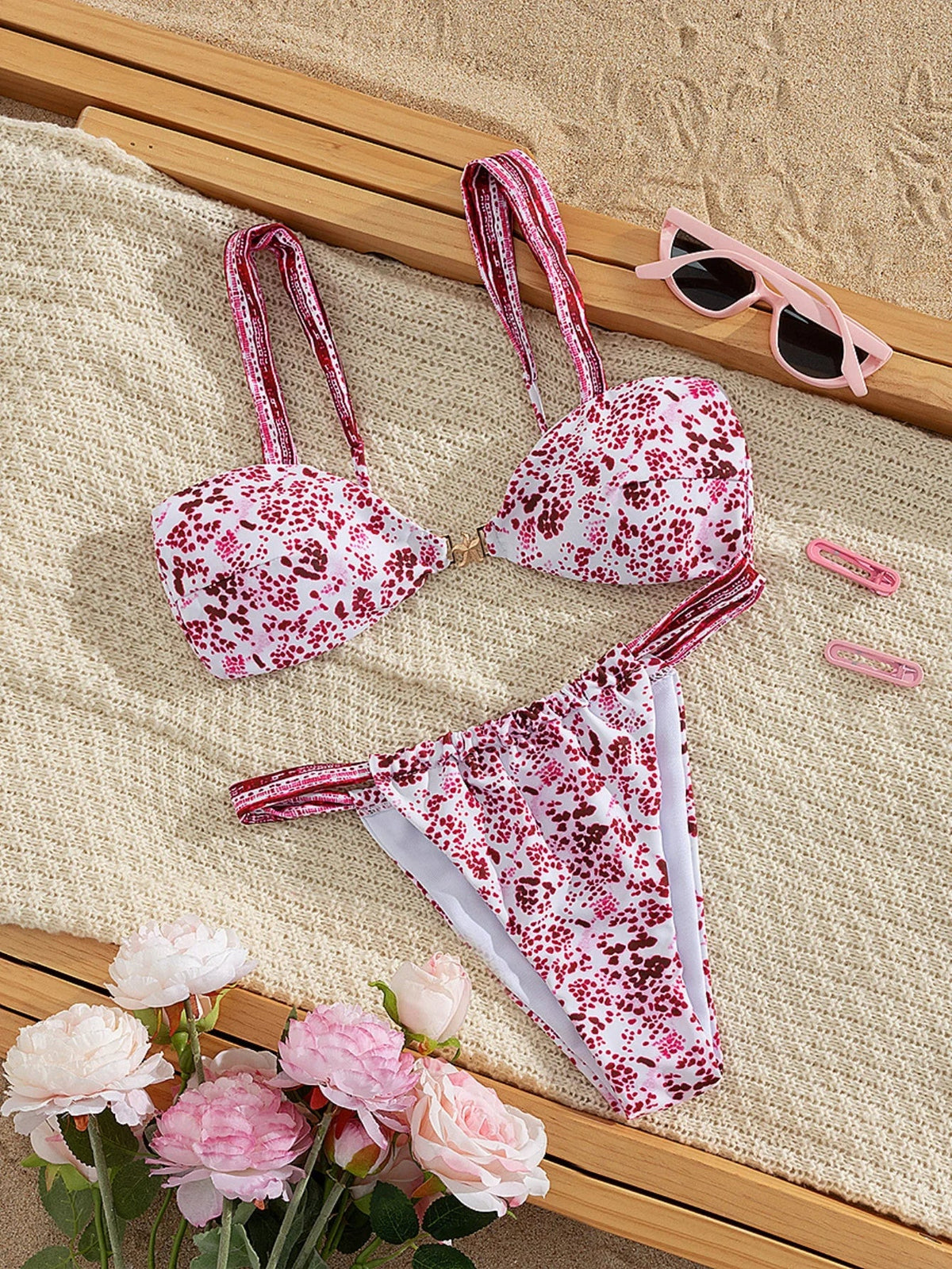Pink Leopard Print Micro Bikini Metal Starfish Push Up Bra Hollow Out Triangle Swimsuit Bathing Suit Swimwear