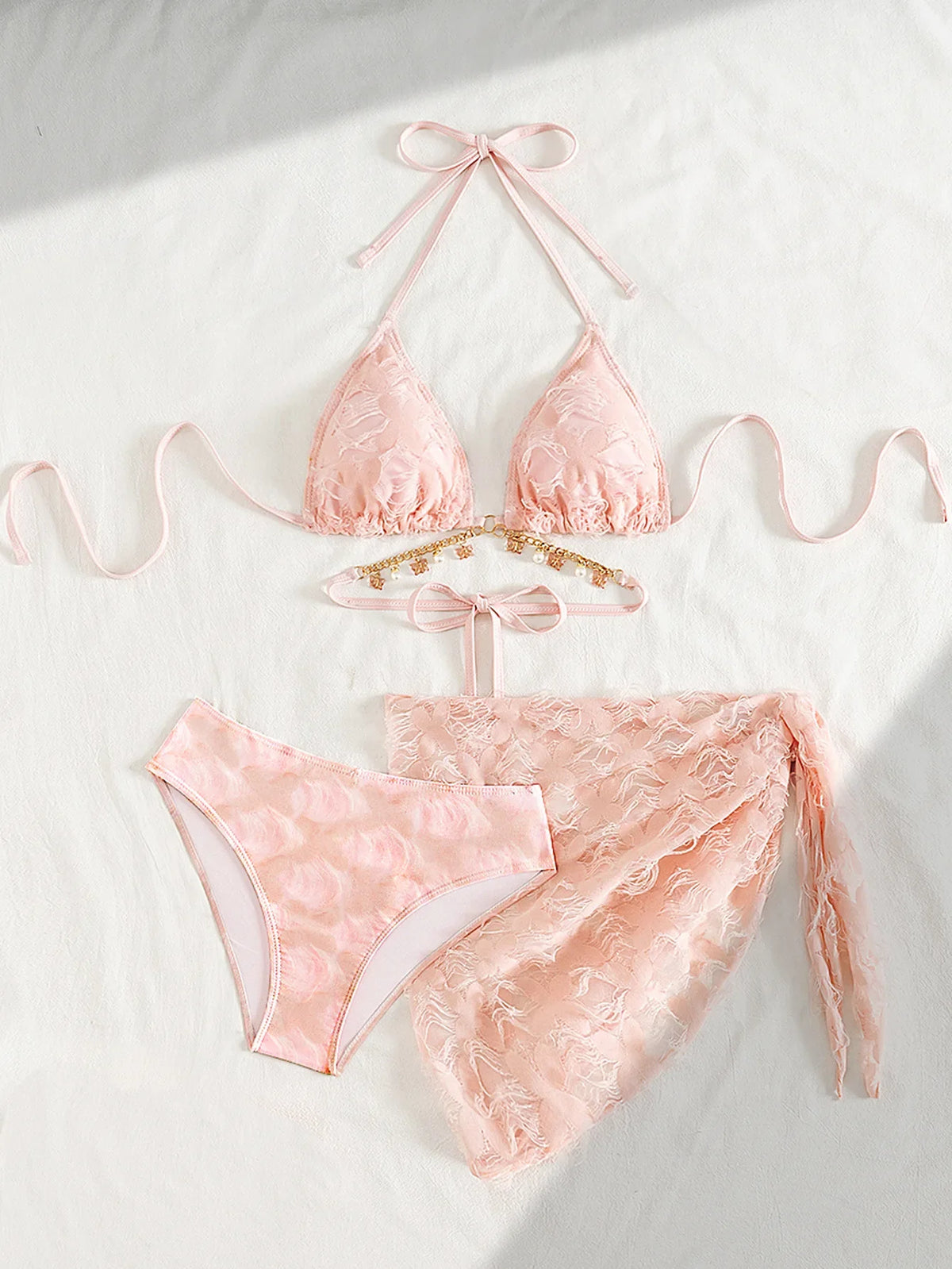 Pink Metal Chain Cross Bikini Set