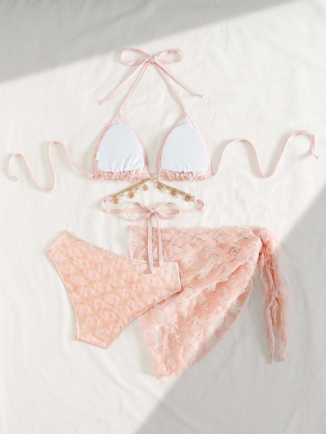 Pink Metal Chain Cross Bikini Set
