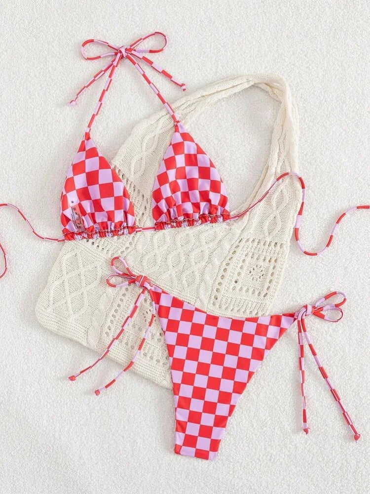 Pink Plaid Micro Bikini Halter Push Up Bra Tie Side Thong Swimsuit Brazilian Beach Bathing Suit Swimwear Biquini