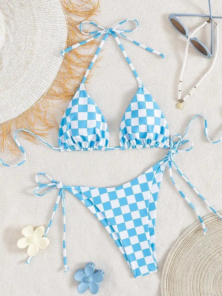 Pink Plaid Micro Bikini Halter Push Up Bra Tie Side Thong Swimsuit Brazilian Beach Bathing Suit Swimwear Biquini