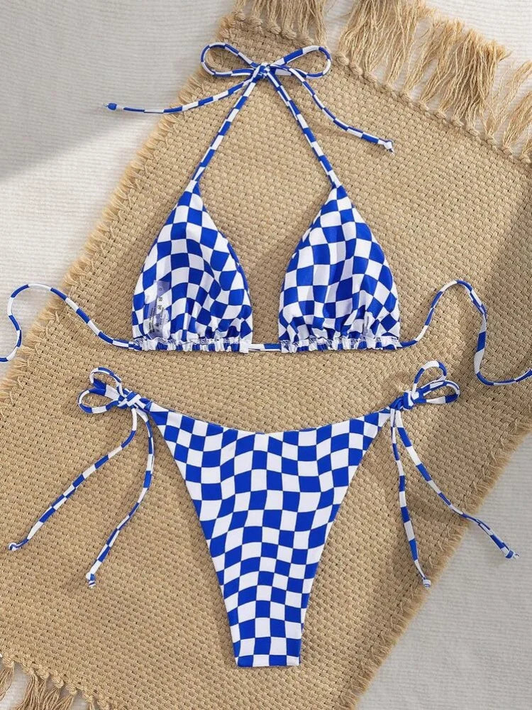 Pink Plaid Micro Bikini Halter Push Up Bra Tie Side Thong Swimsuit Brazilian Beach Bathing Suit Swimwear Biquini
