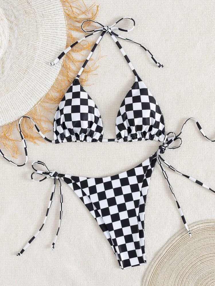 Pink Plaid Micro Bikini Halter Push Up Bra Tie Side Thong Swimsuit Brazilian Beach Bathing Suit Swimwear Biquini