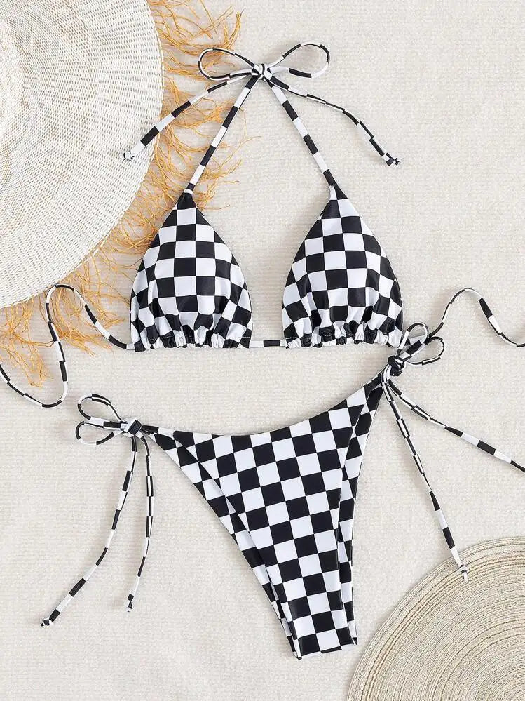 Pink Plaid Micro Bikini Halter Push Up Bra Tie Side Thong Swimsuit Brazilian Beach Bathing Suit Swimwear Biquini