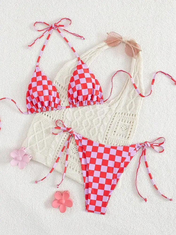 Pink Plaid Micro Bikini Halter Push Up Bra Tie Side Thong Swimsuit Brazilian Beach Bathing Suit Swimwear Biquini
