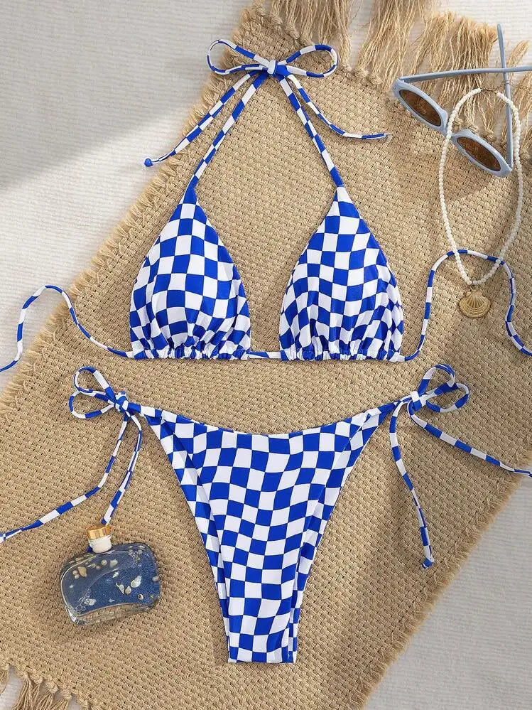 Pink Plaid Micro Bikini Halter Push Up Bra Tie Side Thong Swimsuit Brazilian Beach Bathing Suit Swimwear Biquini