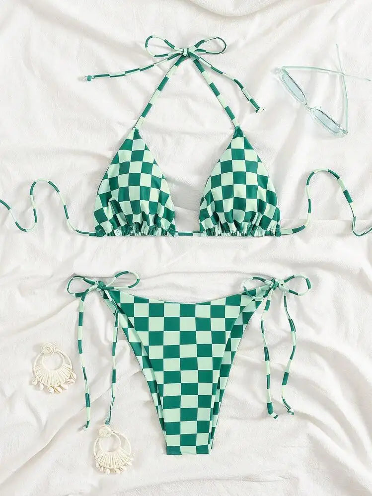 Pink Plaid Micro Bikini Halter Push Up Bra Tie Side Thong Swimsuit Brazilian Beach Bathing Suit Swimwear Biquini