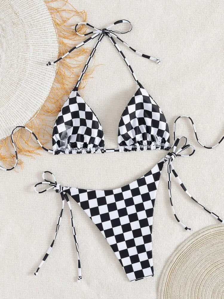 Pink Plaid Micro Bikini Halter Push Up Bra Tie Side Thong Swimsuit Brazilian Beach Bathing Suit Swimwear Biquini
