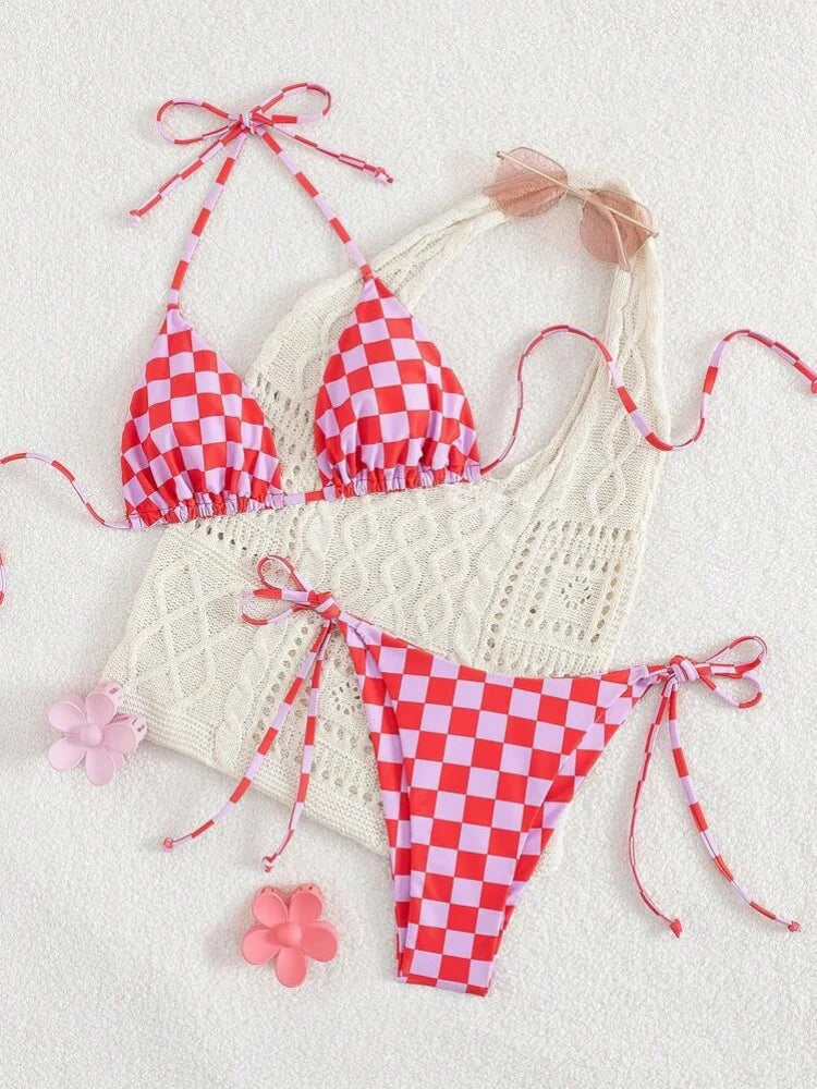 Pink Plaid Micro Bikini Halter Push Up Bra Tie Side Thong Swimsuit Brazilian Beach Bathing Suit Swimwear Biquini