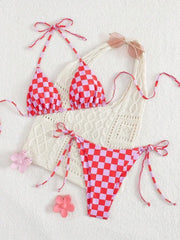 Pink Plaid Micro Bikini Halter Push Up Bra Tie Side Thong Swimsuit Brazilian Beach Bathing Suit Swimwear Biquini