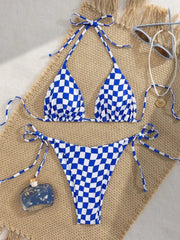 Pink Plaid Micro Bikini Halter Push Up Bra Tie Side Thong Swimsuit Brazilian Beach Bathing Suit Swimwear Biquini