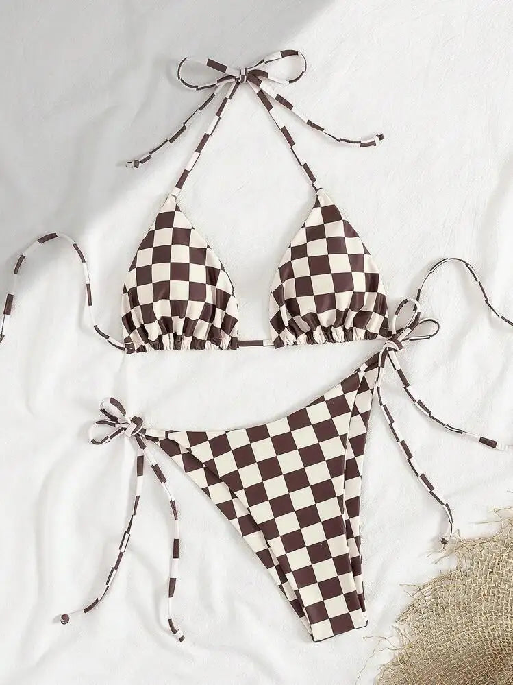 Pink Plaid Micro Bikini Halter Push Up Bra Tie Side Thong Swimsuit Brazilian Beach Bathing Suit Swimwear Biquini