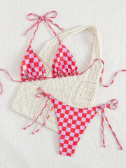 Pink Plaid Micro Bikini Halter Push Up Bra Tie Side Thong Swimsuit Brazilian Beach Bathing Suit Swimwear Biquini