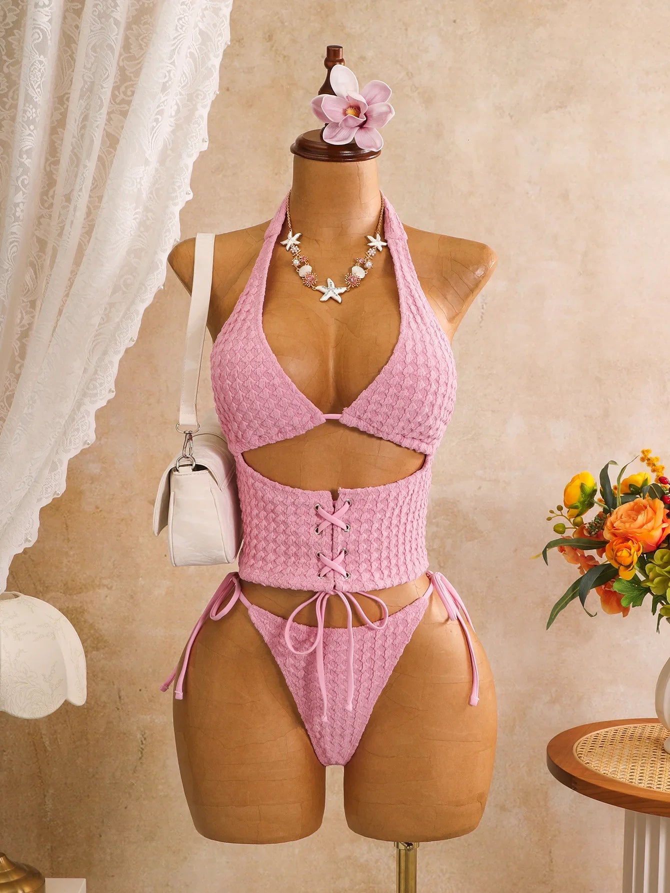 Pink Plaid Print Bikini Set