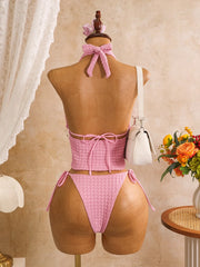 Pink Plaid Print Bikini Set