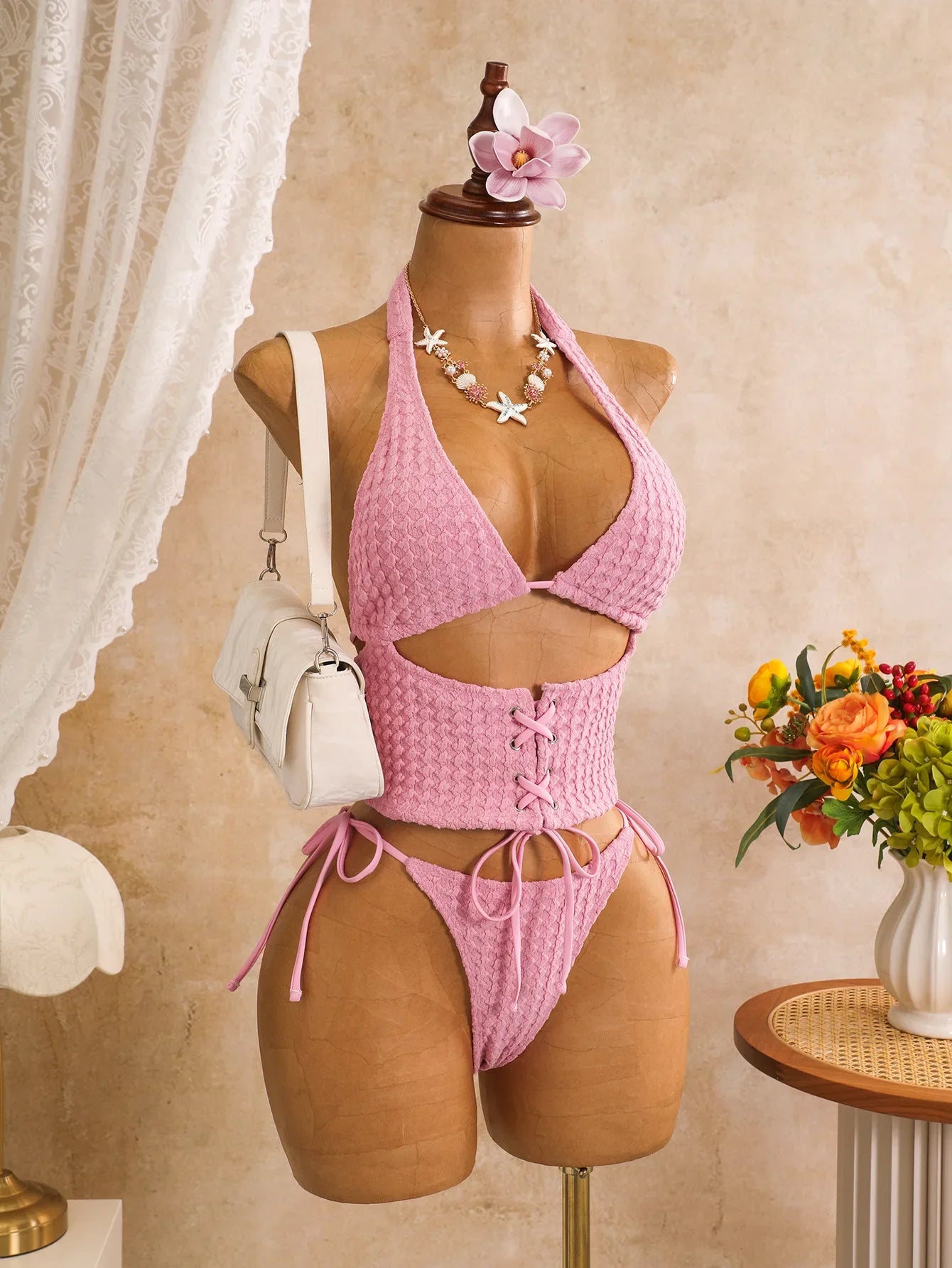 Pink Plaid Print Bikini Set