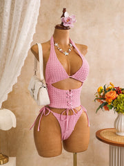 Pink Plaid Print Bikini Set