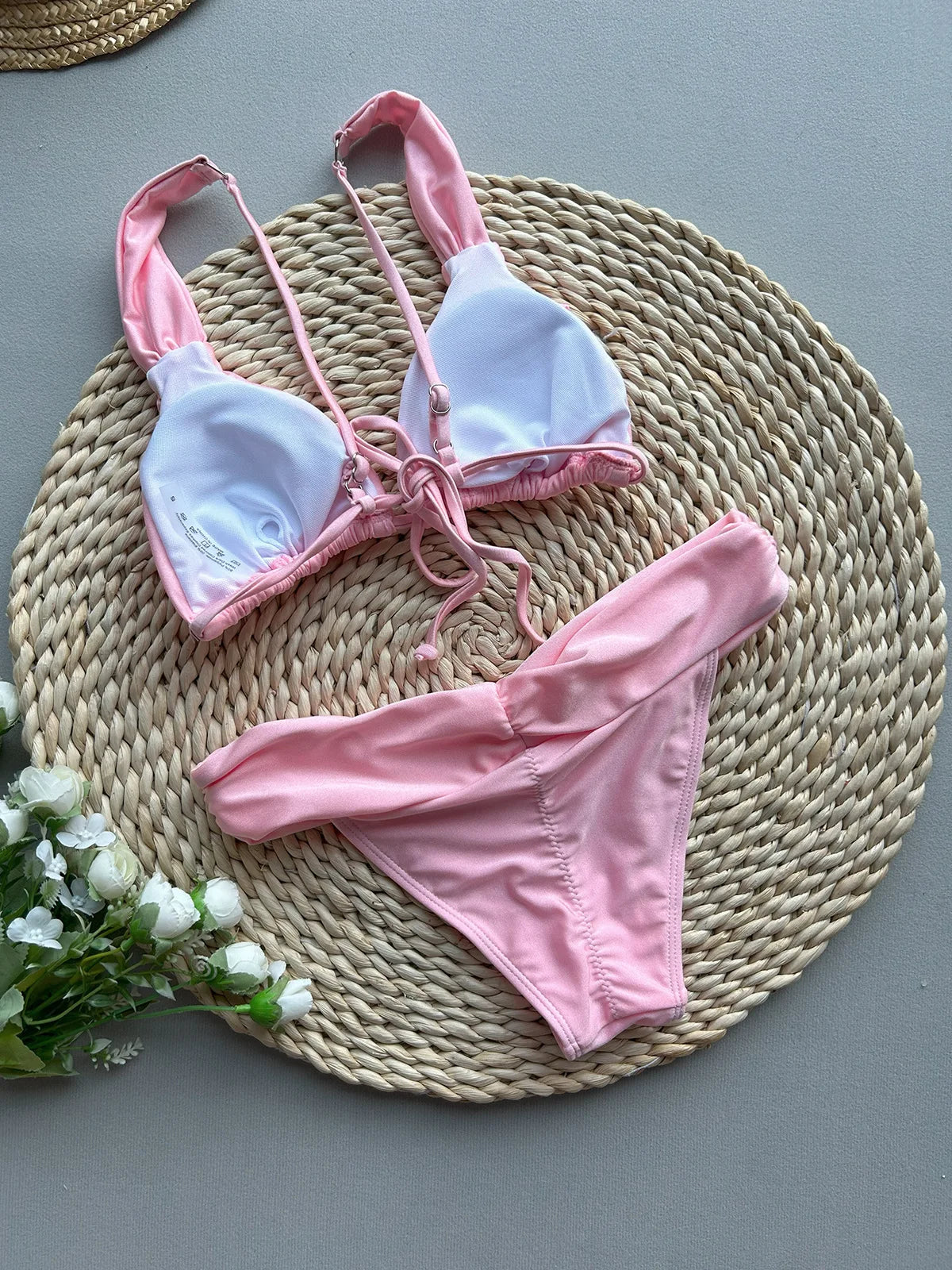 Pink Pleate High Waist Bikni Set