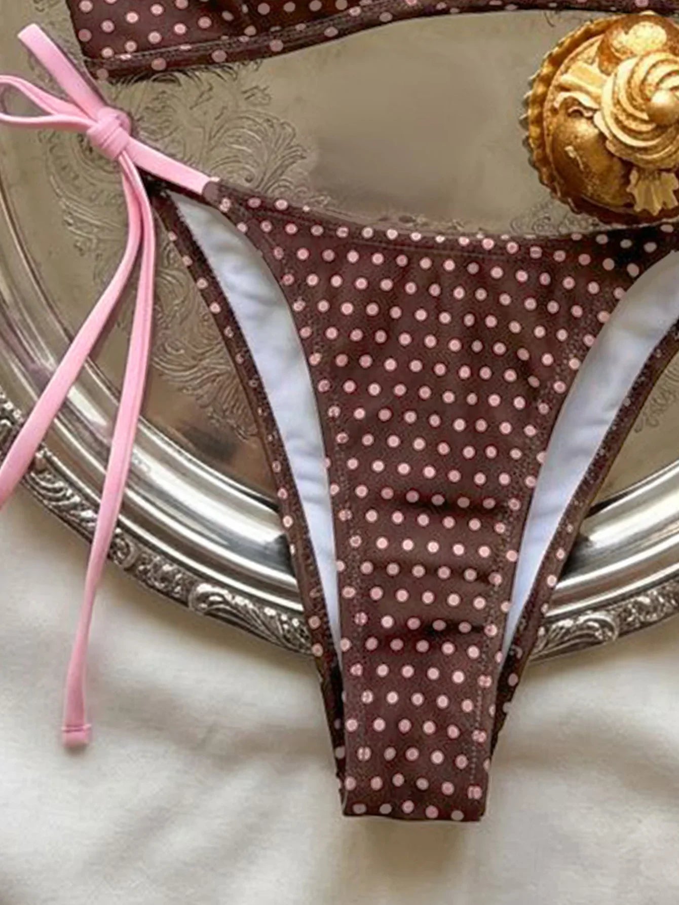 Pink Polka Dot Print Patchwork Micro Bikini Swimwear Double Strap Push Up Cross Bra Thong Swimsuit Bathing Suits