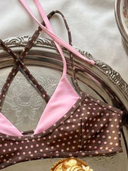 Pink Polka Dot Print Patchwork Micro Bikini Swimwear Double Strap Push Up Cross Bra Thong Swimsuit Bathing Suits