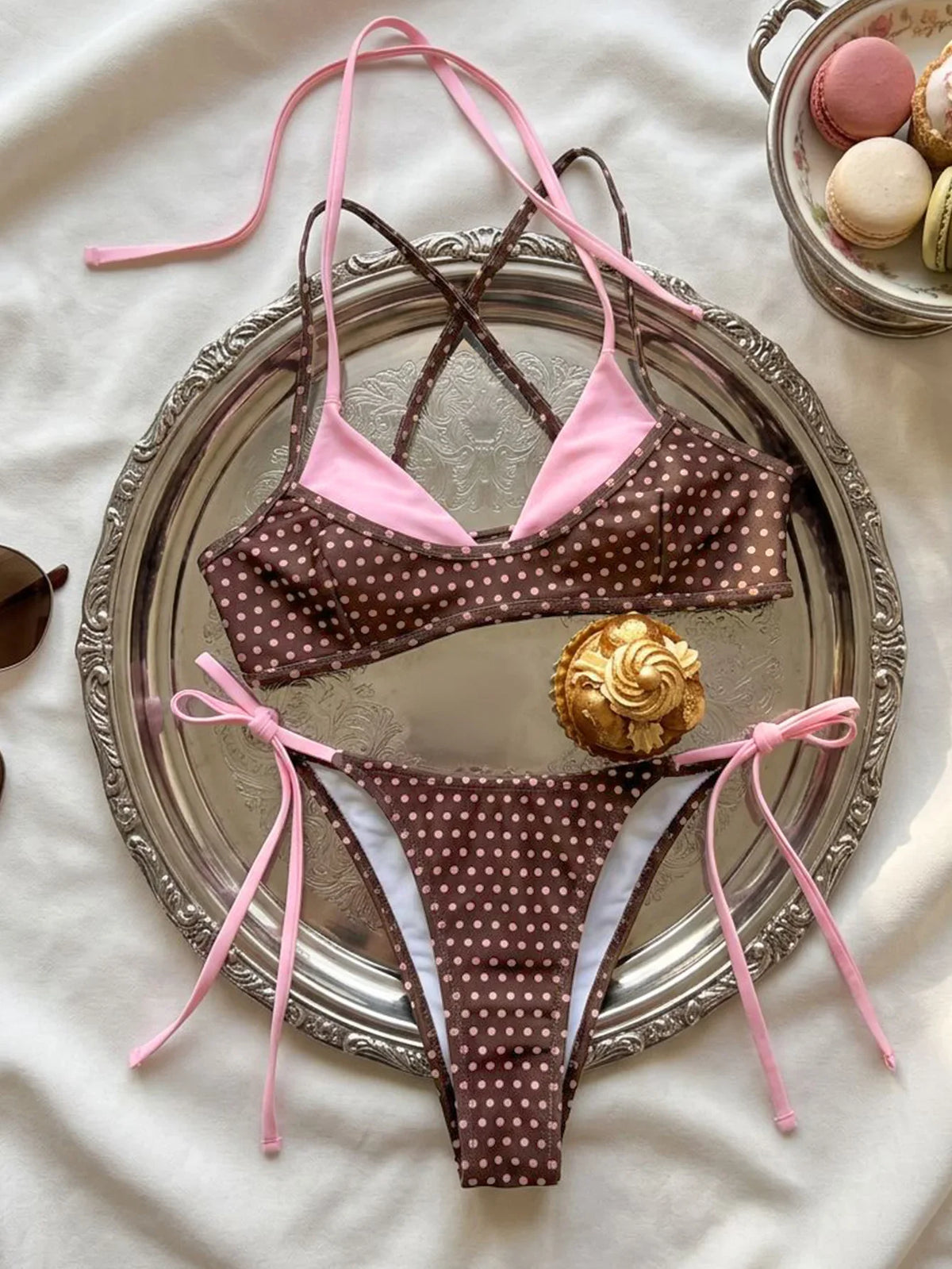 Pink Polka Dot Print Patchwork Micro Bikini Swimwear Double Strap Push Up Cross Bra Thong Swimsuit Bathing Suits