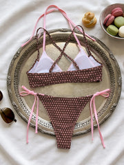 Pink Polka Dot Print Patchwork Micro Bikini Swimwear Double Strap Push Up Cross Bra Thong Swimsuit Bathing Suits