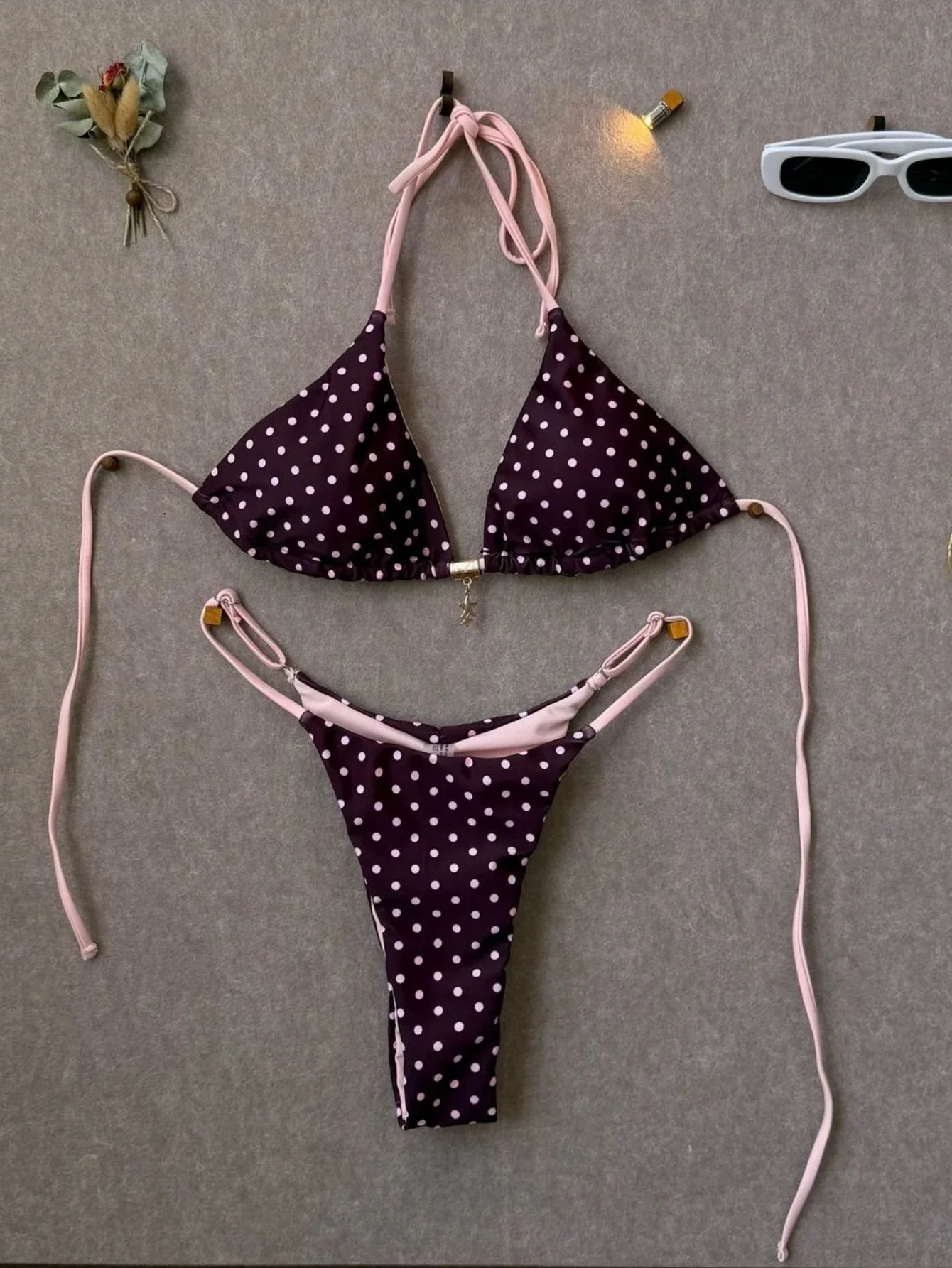 Pink Polka Dot Print Patchwork Micro Bikini Halter Push Up Bra Triangle Swimsuit Bathing Suit Swimwear