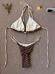 Pink Polka Dot Print Patchwork Micro Bikini Halter Push Up Bra Triangle Swimsuit Bathing Suit Swimwear