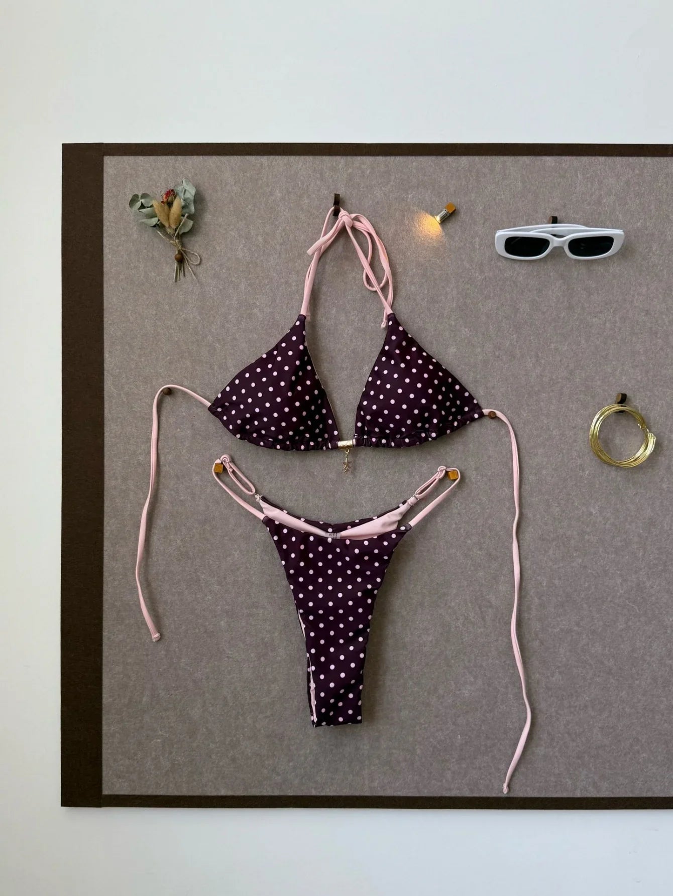 Pink Polka Dot Print Patchwork Micro Bikini Halter Push Up Bra Triangle Swimsuit Bathing Suit Swimwear