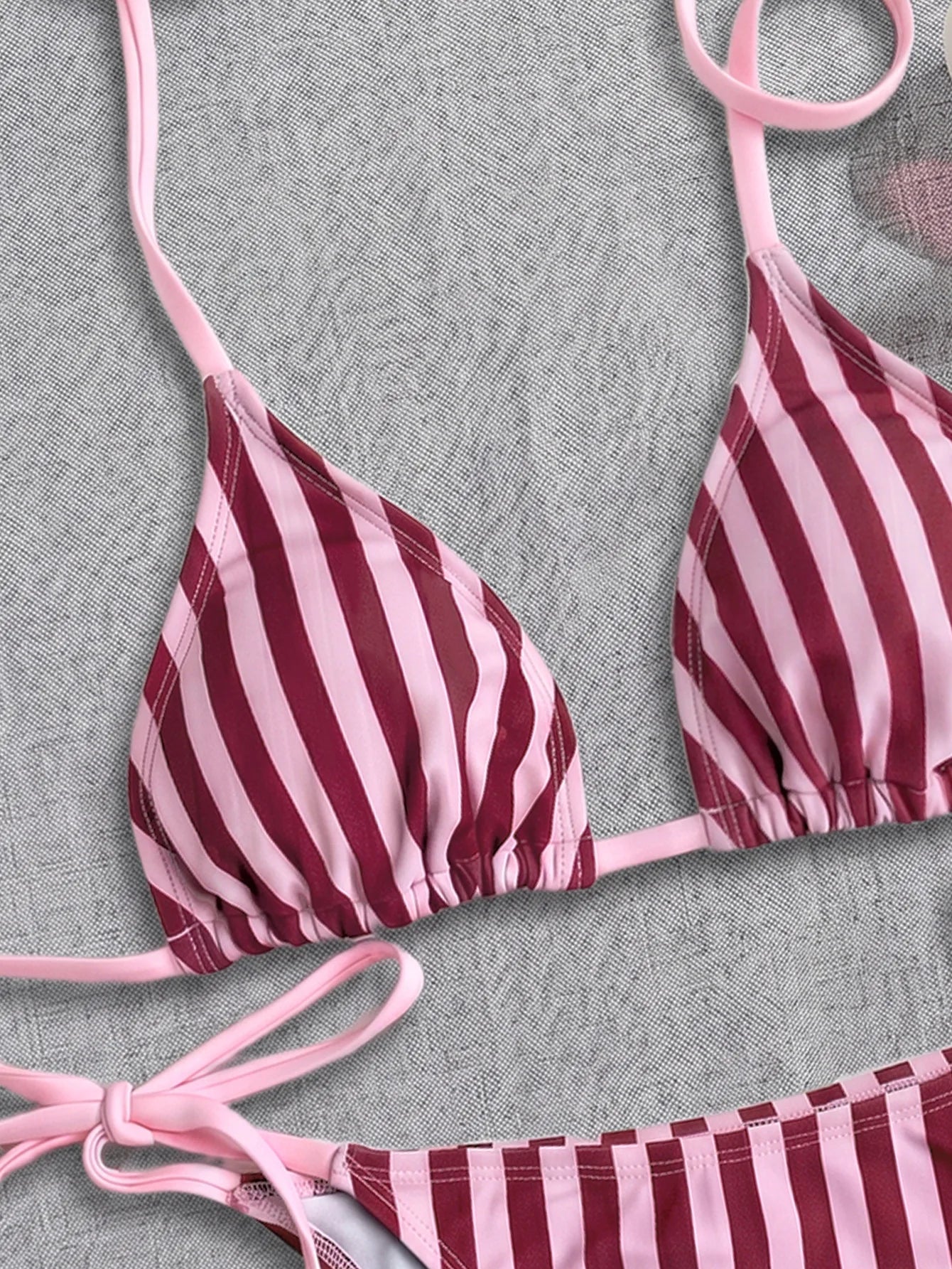 Pink Striped Micro Bikini Halter Push Up Bra Tie Side Thong Swimsuit Beach Bathing Suit Biquini