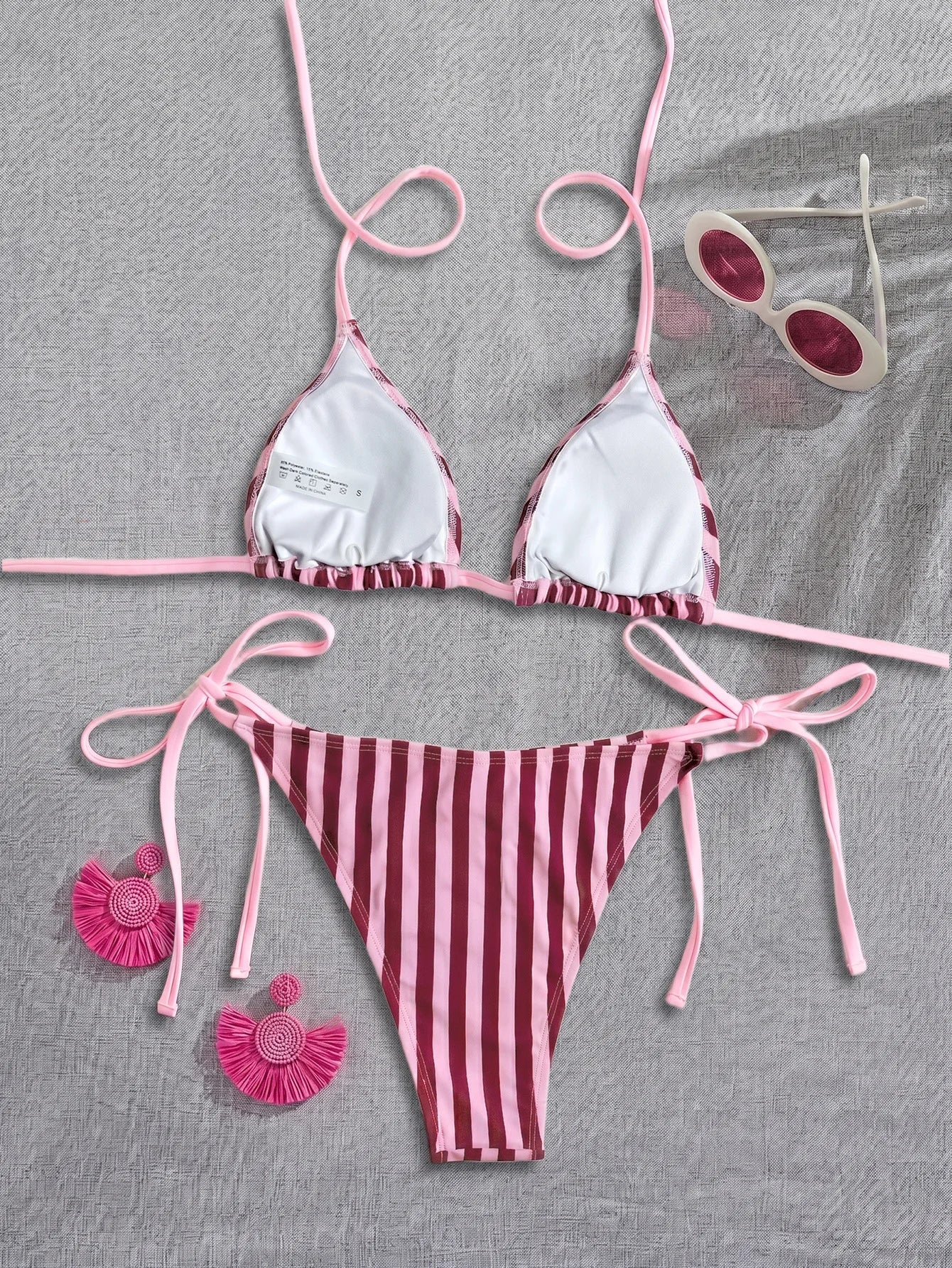 Pink Striped Micro Bikini Halter Push Up Bra Tie Side Thong Swimsuit Beach Bathing Suit Biquini