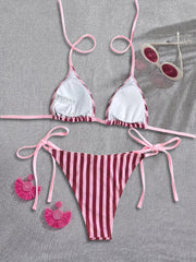 Pink Striped Micro Bikini Halter Push Up Bra Tie Side Thong Swimsuit Beach Bathing Suit Biquini