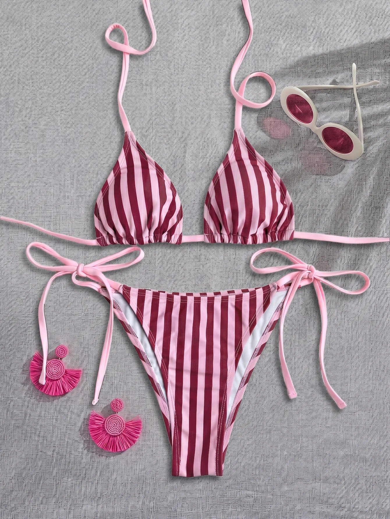 Pink Striped Micro Bikini Halter Push Up Bra Tie Side Thong Swimsuit Beach Bathing Suit Biquini