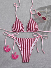 Pink Striped Micro Bikini Halter Push Up Bra Tie Side Thong Swimsuit Beach Bathing Suit Biquini