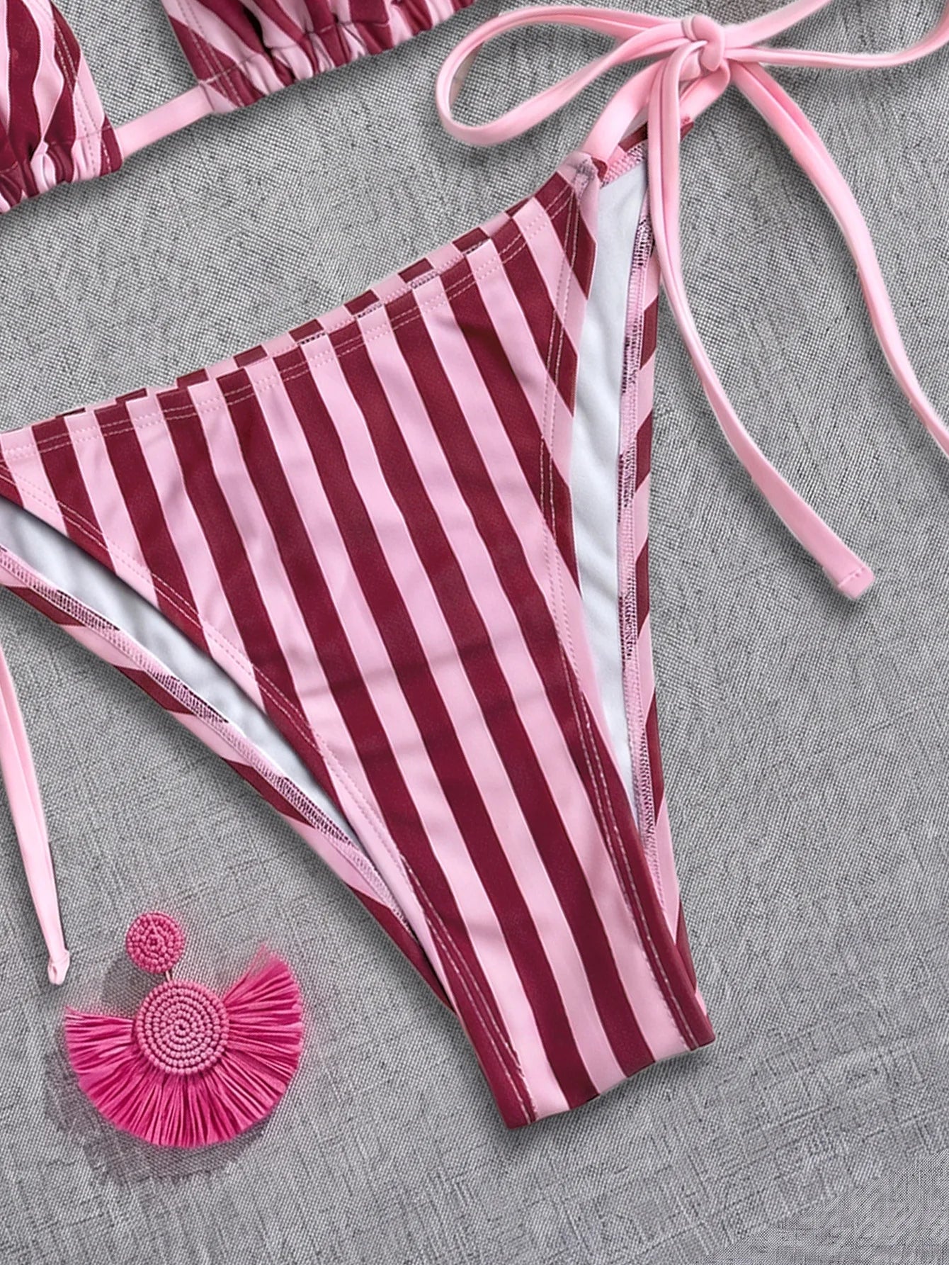 Pink Striped Micro Bikini Halter Push Up Bra Tie Side Thong Swimsuit Beach Bathing Suit Biquini