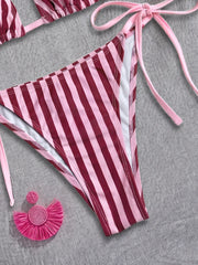 Pink Striped Micro Bikini Halter Push Up Bra Tie Side Thong Swimsuit Beach Bathing Suit Biquini