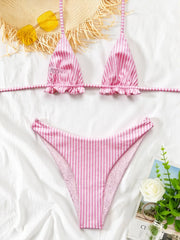 Pink Striped Micro Bikini Ruffles Push Up Bra Two Piece Swimwear Beach Bathing Suit Holiday High Waist Swimsuit