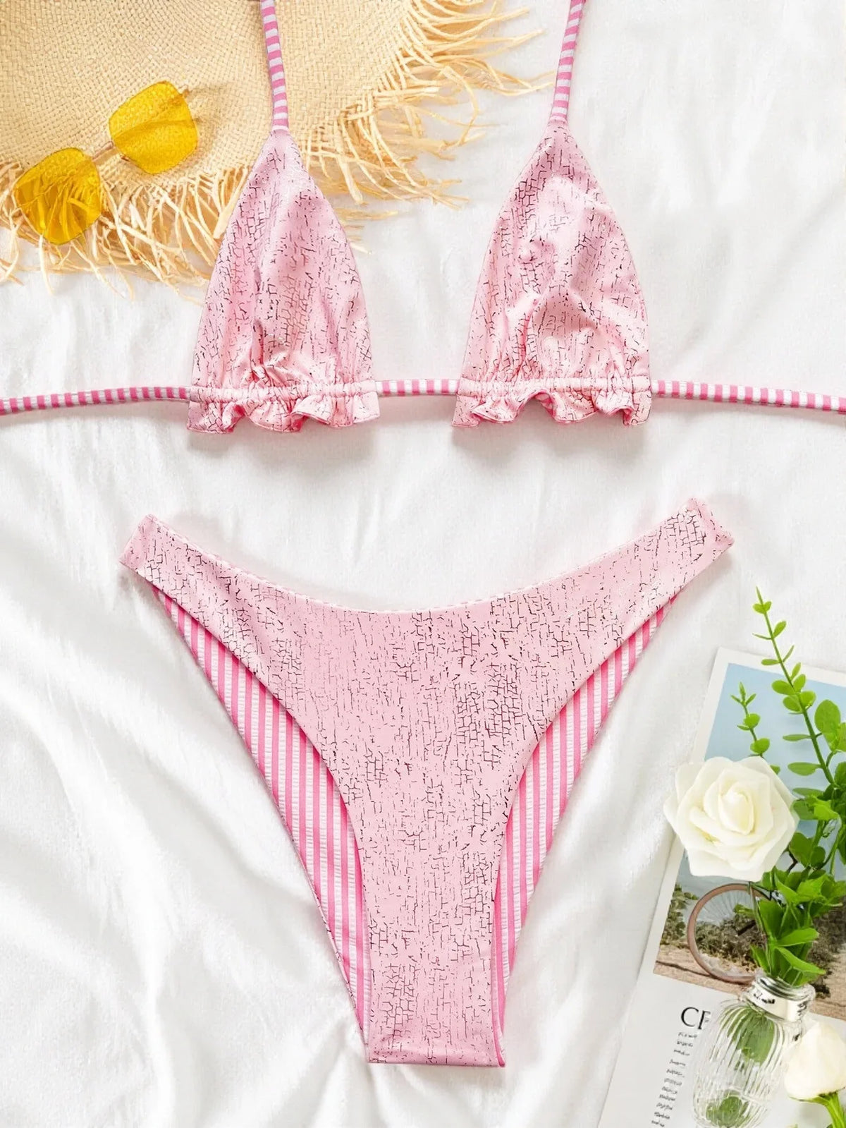 Pink Striped Micro Bikini Ruffles Push Up Bra Two Piece Swimwear Beach Bathing Suit Holiday High Waist Swimsuit