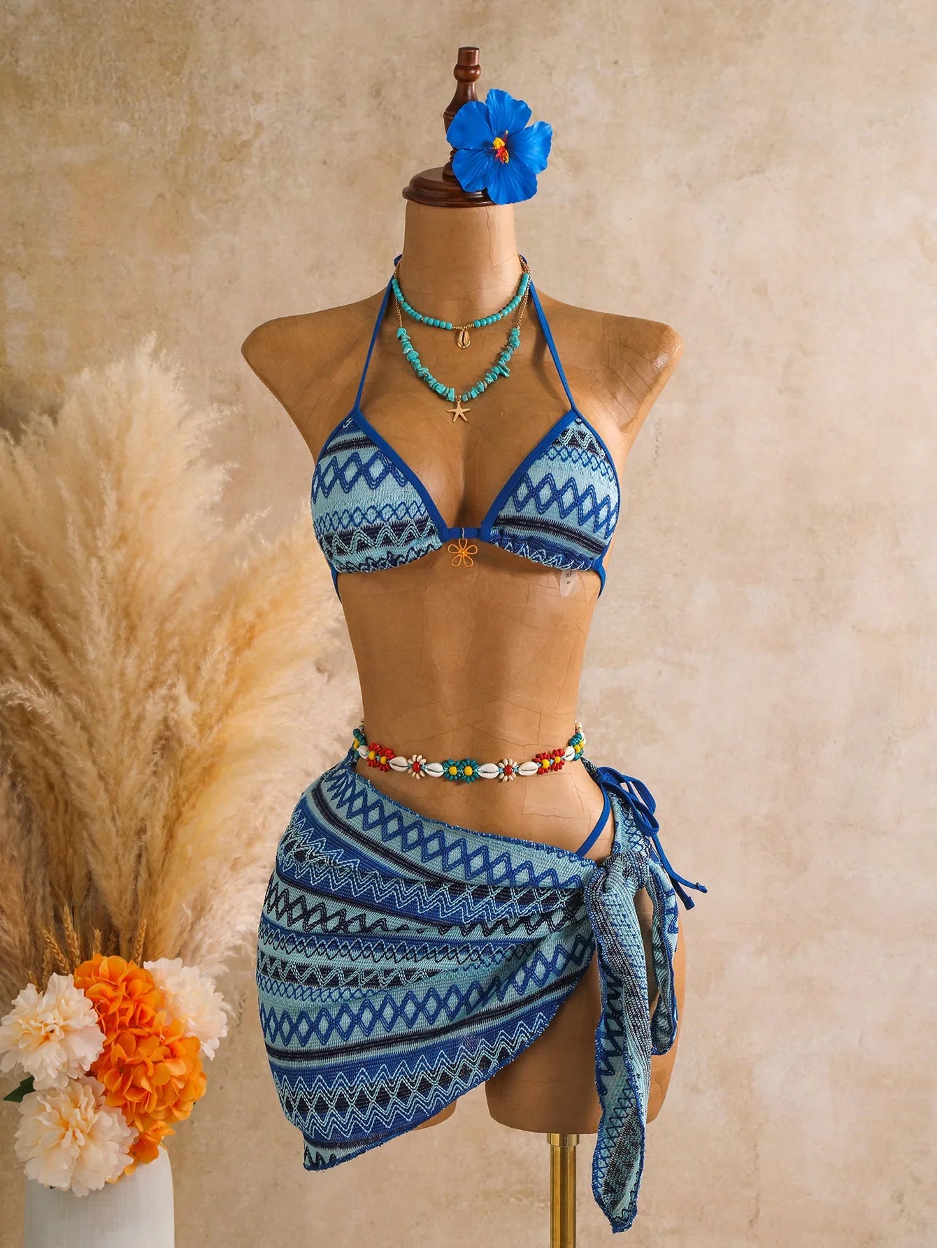 Pink Striped Patchwork Knitted Bikini Set