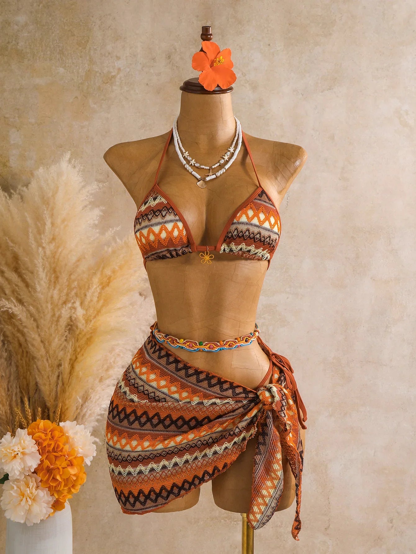 Pink Striped Patchwork Knitted Bikini Set