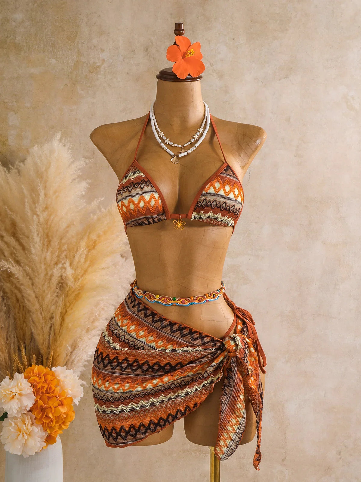 Pink Striped Patchwork Knitted Bikini Set